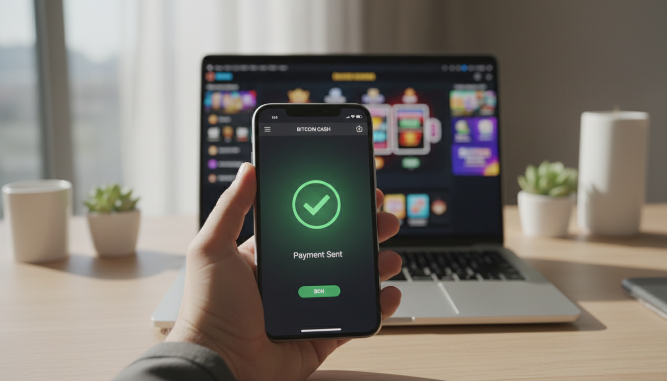 A high-end smartphone displaying a successful Bitcoin Cash wallet transaction next to a laptop with a blurred casino interface.
