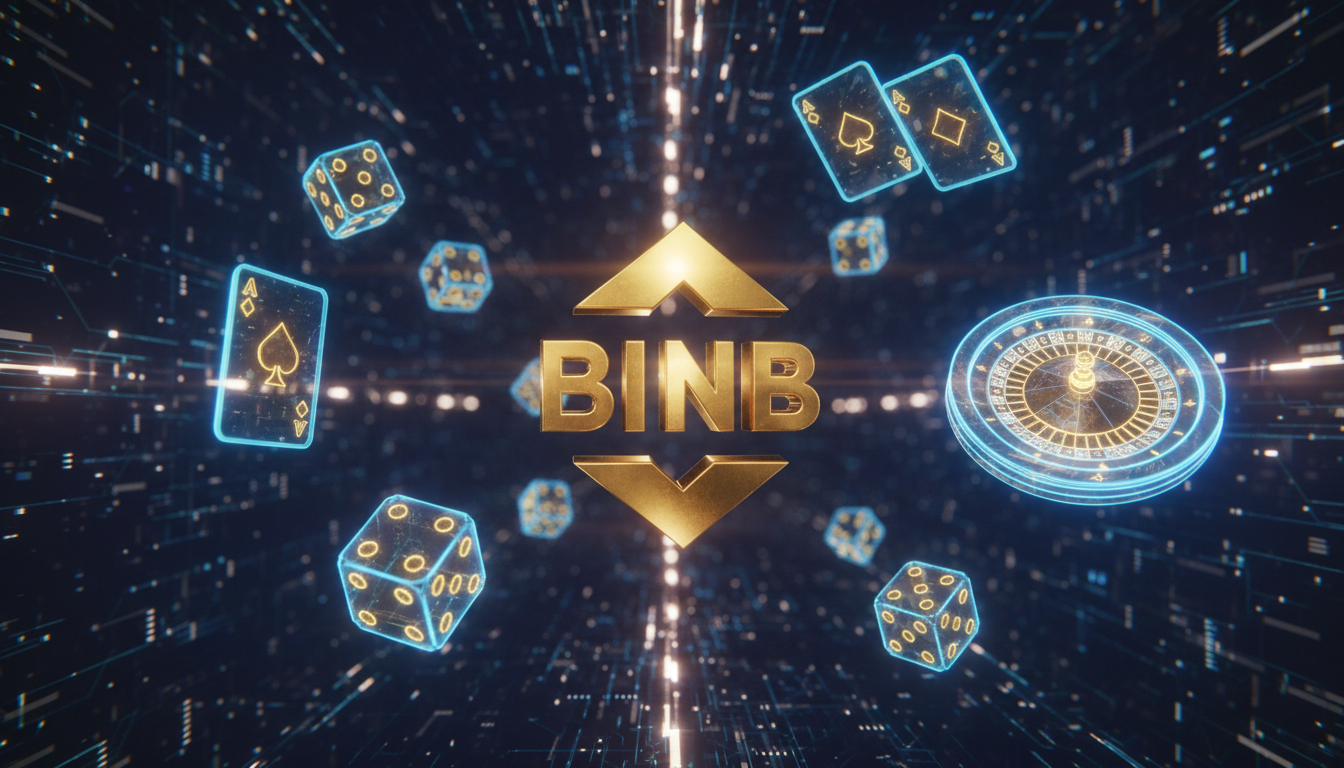 Holographic visualization of a golden Binance Coin logo surrounded by digital casino icons
