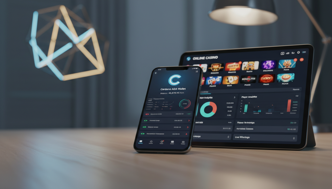 A high-tech digital interface showing Cardano ADA wallet transactions and casino game elements on a modern desk