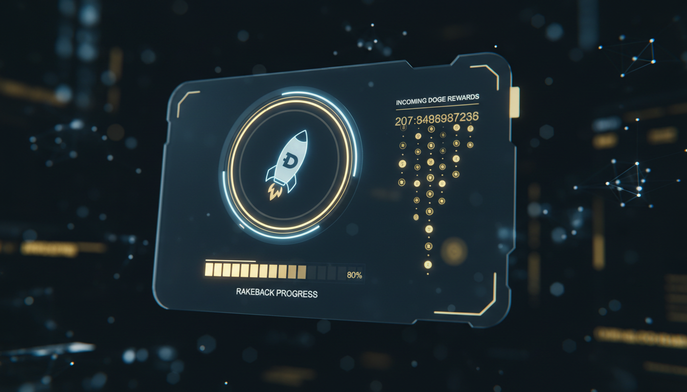 A modern digital interface showing Dogecoin rakeback rewards and a crypto wallet balance.