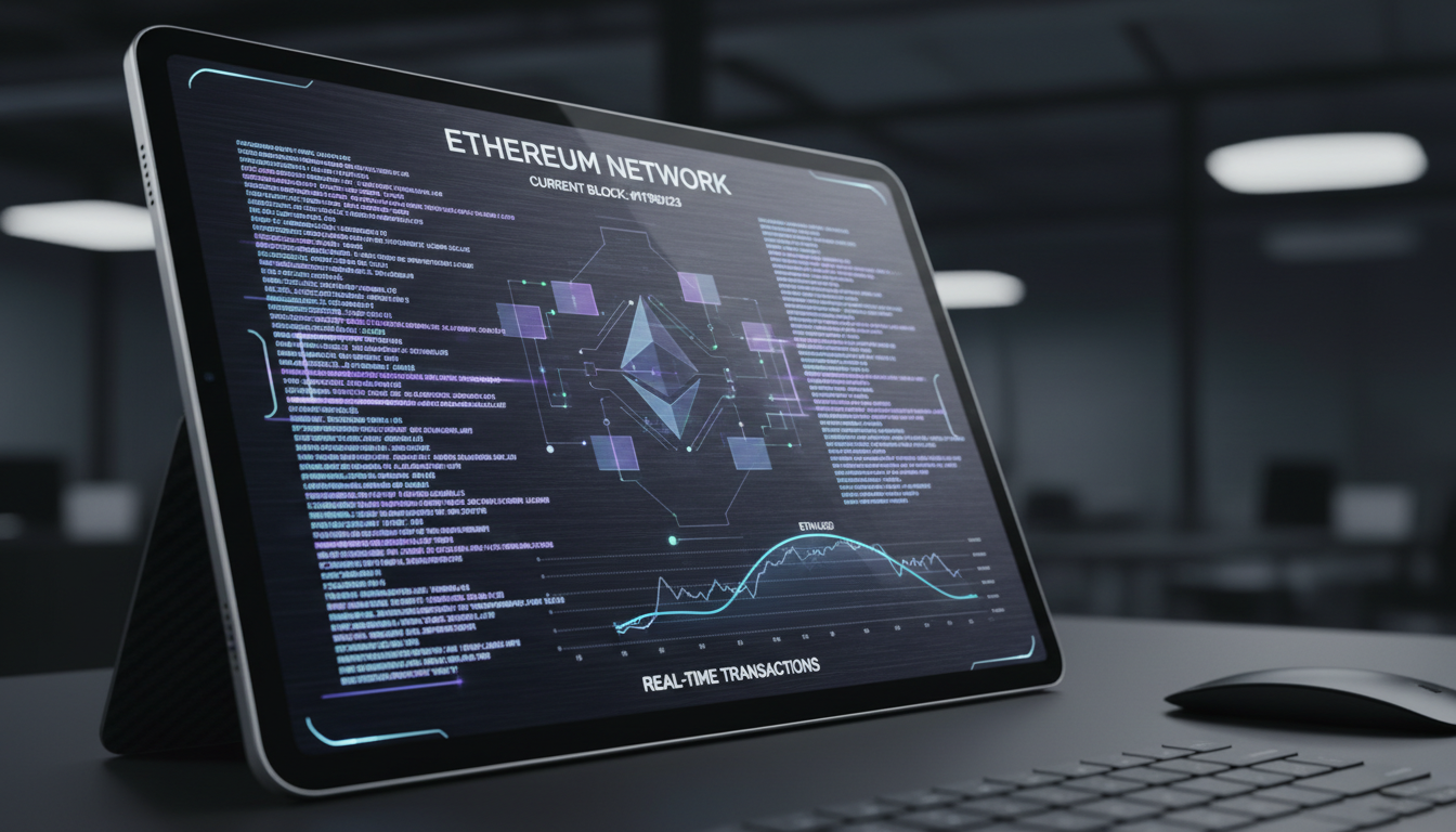 A digital tablet displaying real-time Ethereum blockchain transaction data and smart contract verification for an online casino