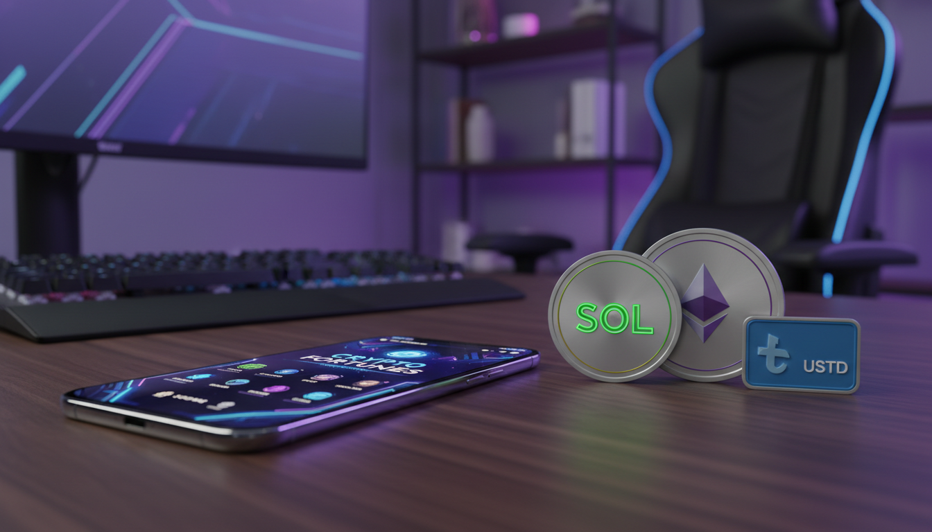 High-tech smartphone displaying a modern crypto casino interface with 3D Solana and Ethereum tokens on a dark desk