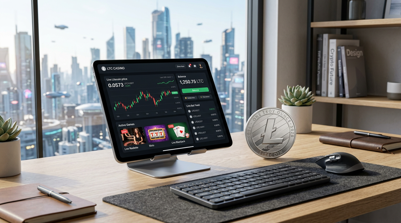 A tablet displaying a modern Litecoin casino interface on a clean desk next to a physical LTC coin