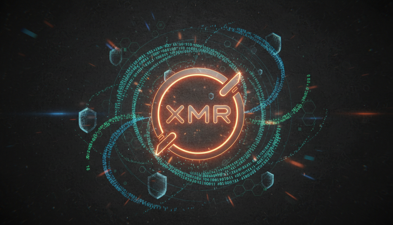 Futuristic 3D visualization of the Monero cryptocurrency logo with glowing orange neon elements