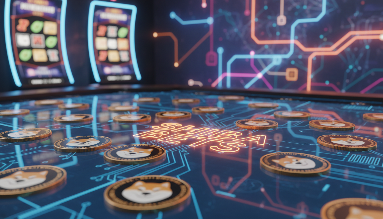 3D visualization of Shiba Inu cryptocurrency tokens integrated with a high-tech digital casino interface