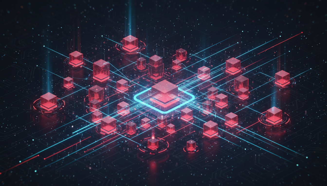 High-tech visualization of the Tron blockchain network with glowing red data nodes