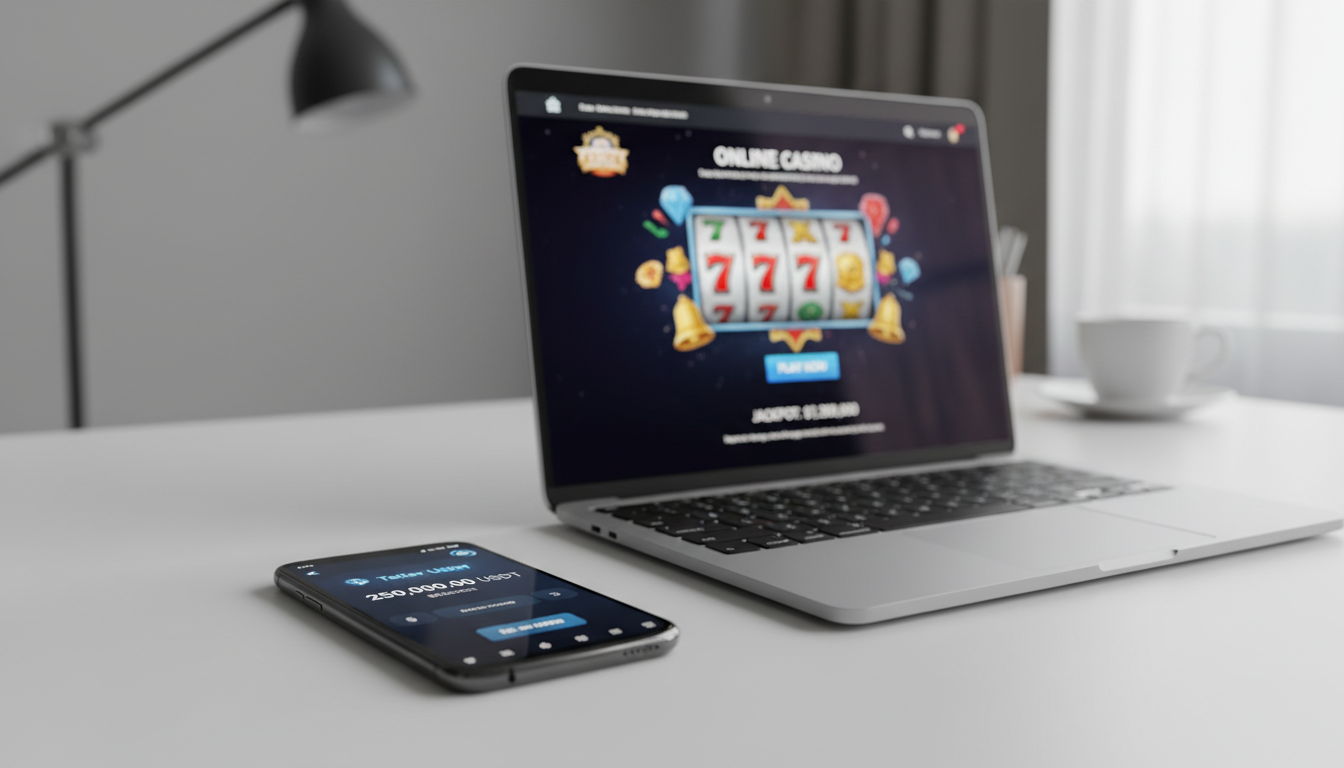 Smartphone displaying a digital wallet with a Tether balance next to a laptop showing a modern casino interface