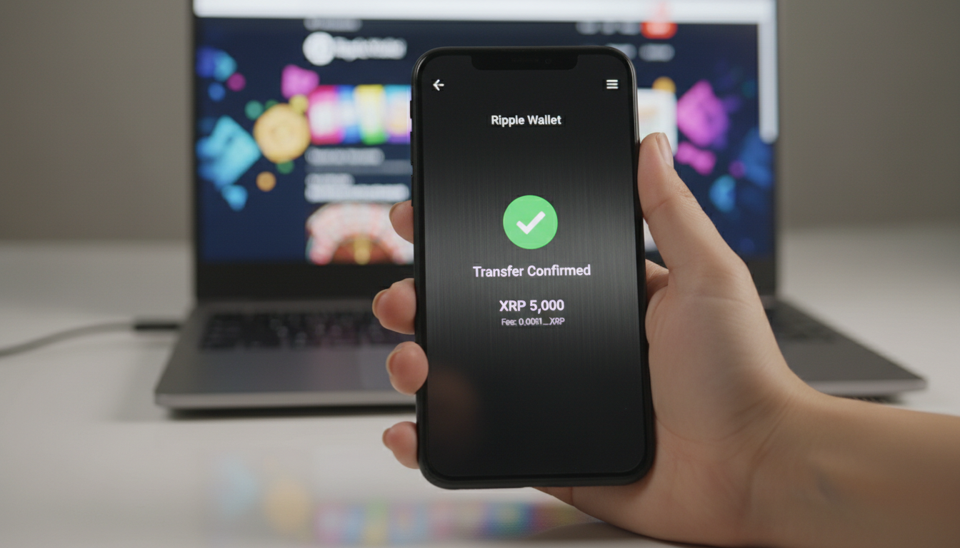 Close-up of a hand holding a smartphone showing a confirmed XRP transaction next to a laptop displaying an online casino