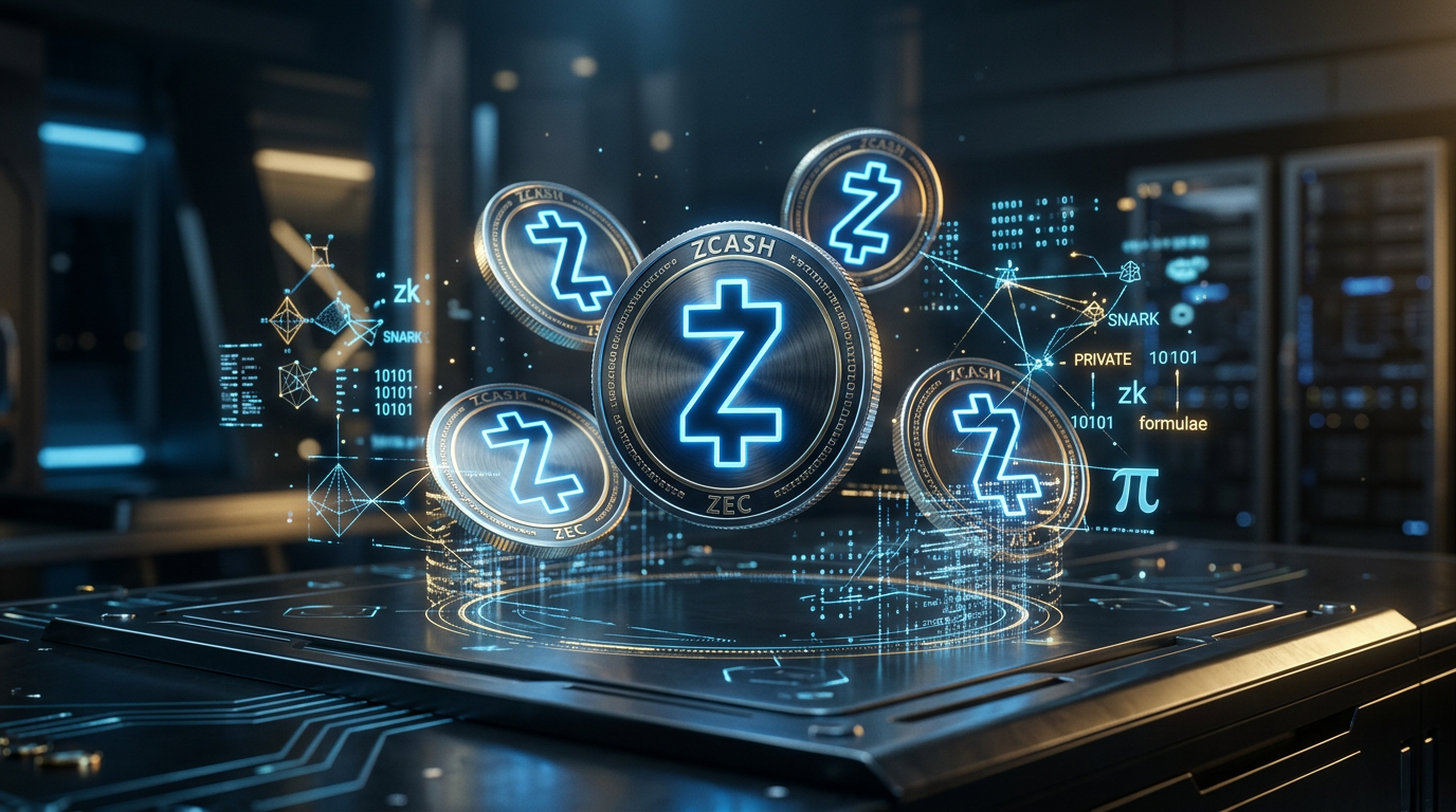 High-tech digital visualization of Zcash coins and secure blockchain data streams