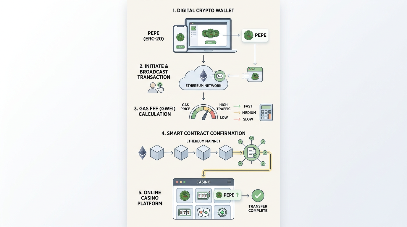 Infographic showing the process of depositing and withdrawing PEPE tokens at an online casino