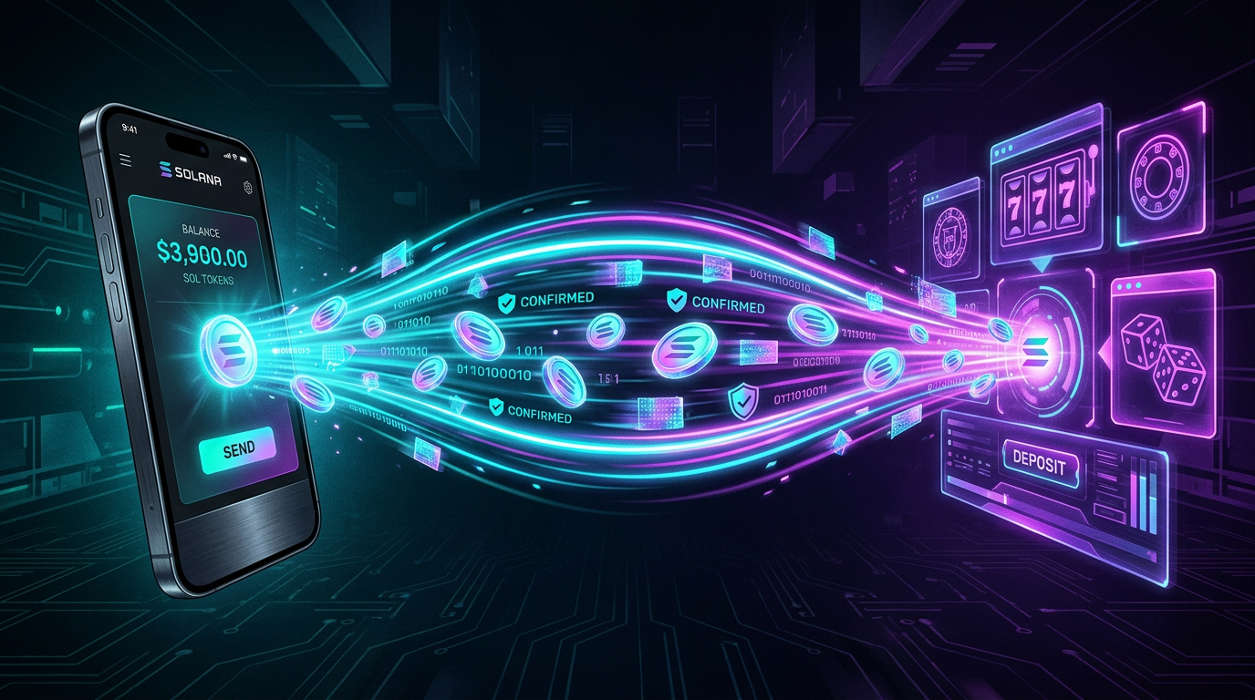 Conceptual visualization of Solana's high-speed transaction finality and data flow for gambling