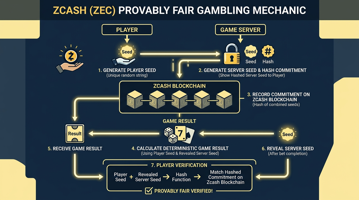 Infographic explaining how Zcash provably fair gambling works with cryptographic seeds and blockchain verification